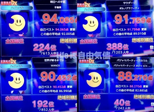 カラオケJOYSOUND採点結果、明日への手紙94点、サウダージ91点、世界が終るまでは…90点、パジャマパーティーズのうた88点