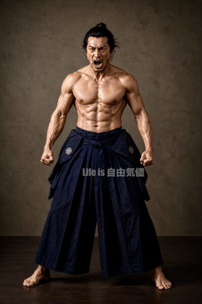気合で上半身をはだけた侍